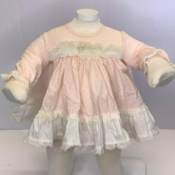 Vintage Newborn Babydoll Bloomers Set Pink Swiss Dot Lace Ruffles Buttons Bow - Picture 1 of 9